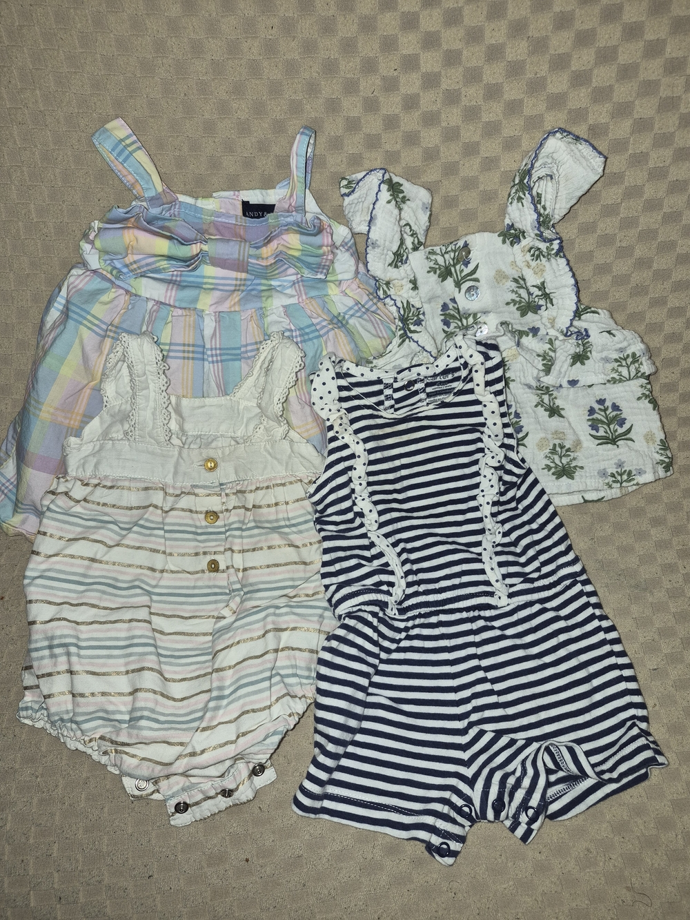 Carter's Navy Stripe Romper with Pastel Plaid & Floral Tops Bundle